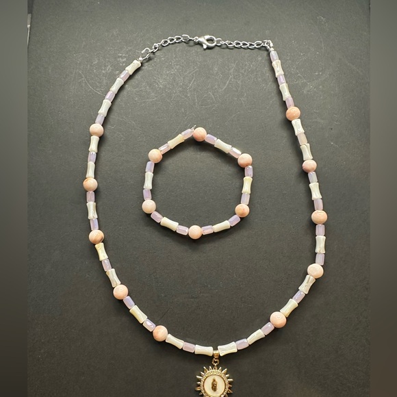 Hand Crafted Pink and Purple Beaded Necklace Set - Picture 1 of 2